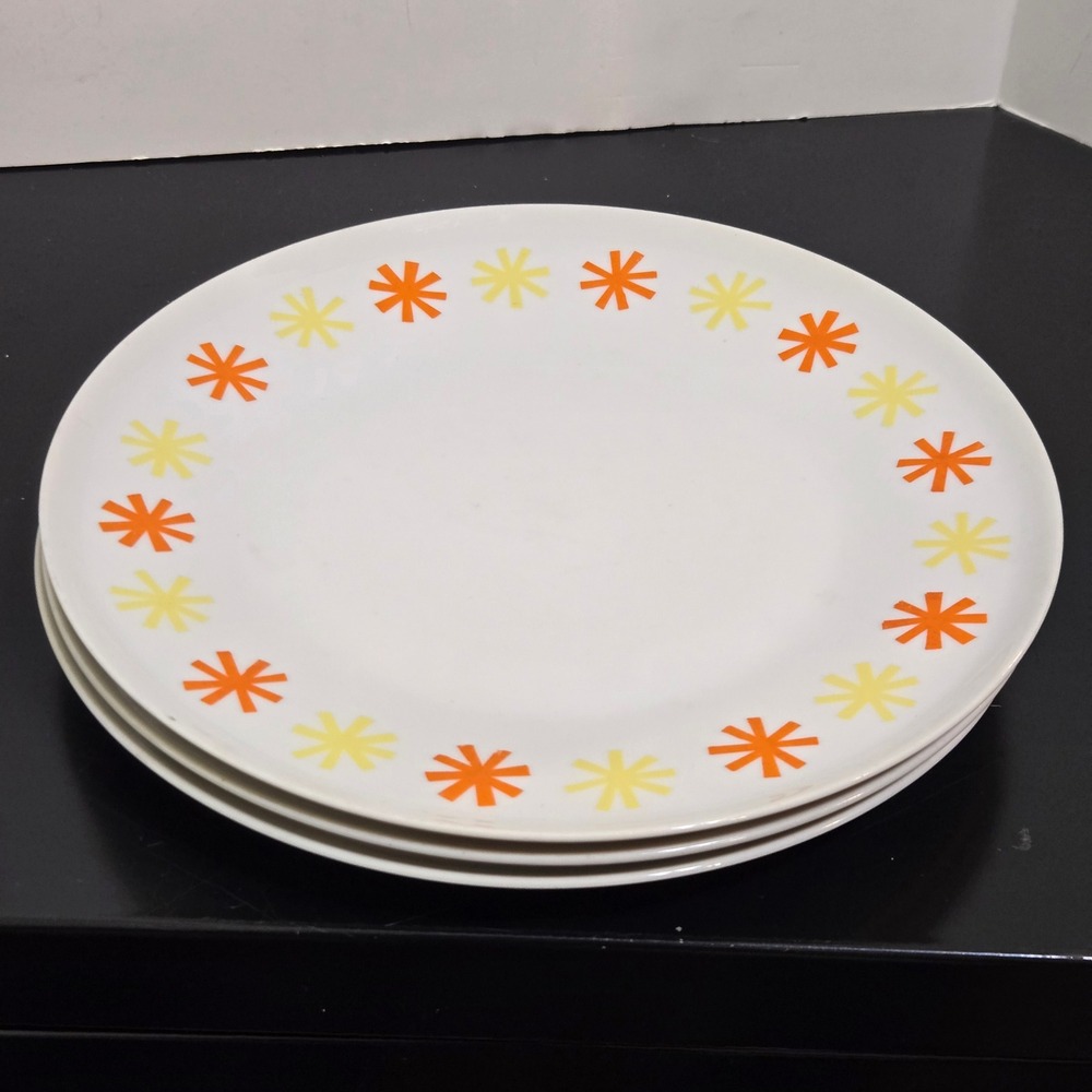 Set 3 Paul McCobb Sparkler Contempri 10.25" dinner plates Starburst Orange MCM